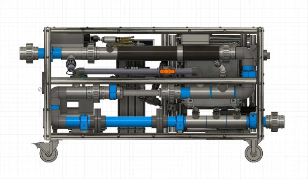 Scale CAD rendering of the CTR-PACK module: a two-tier skid frame carrying inline treatment chambers, pumps and camlock connections.