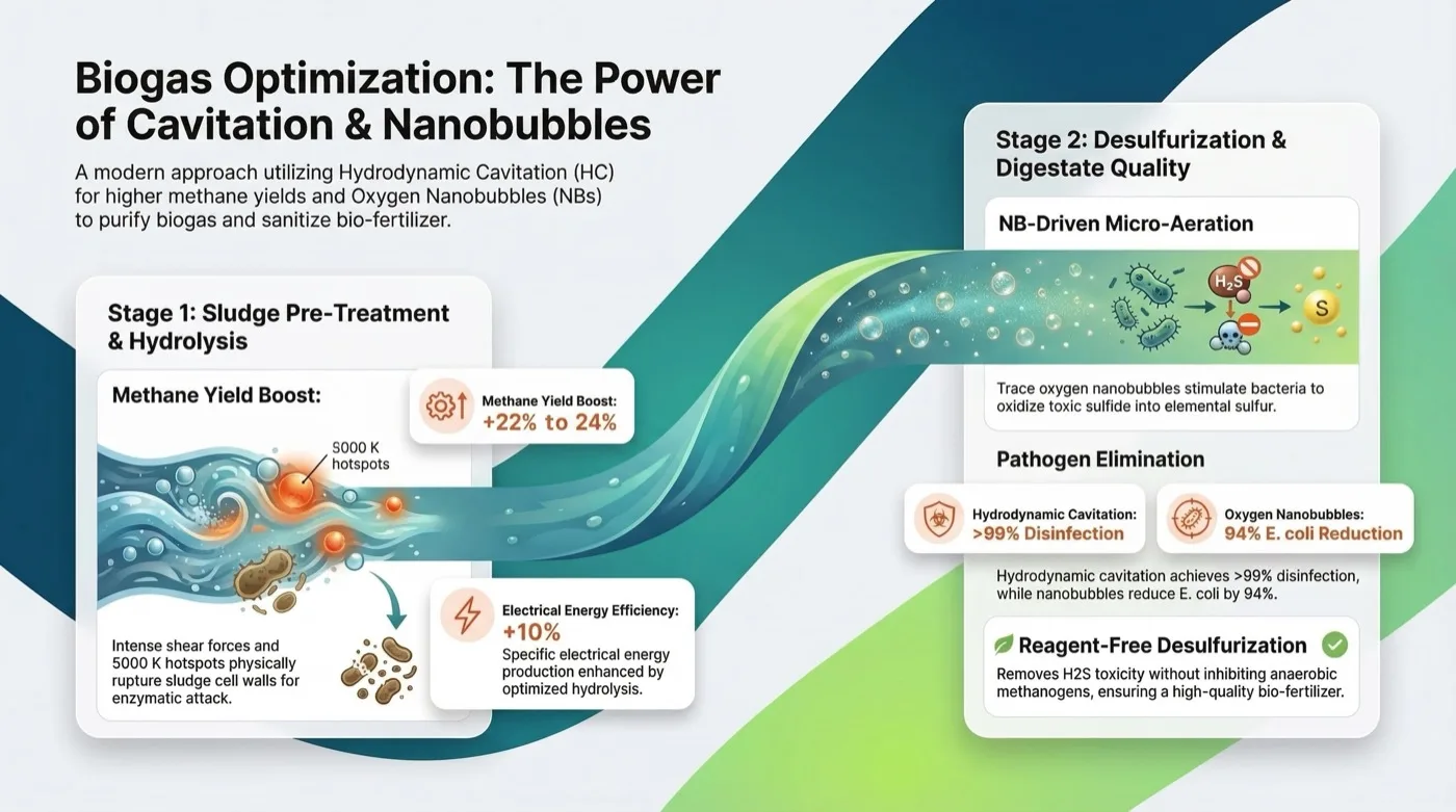Two stages of an anaerobic digestion process: cavitation pre-treatment breaking up sludge before digestion, then oxygen nanobubble micro-aeration and digestate quality, each with headline percentages.