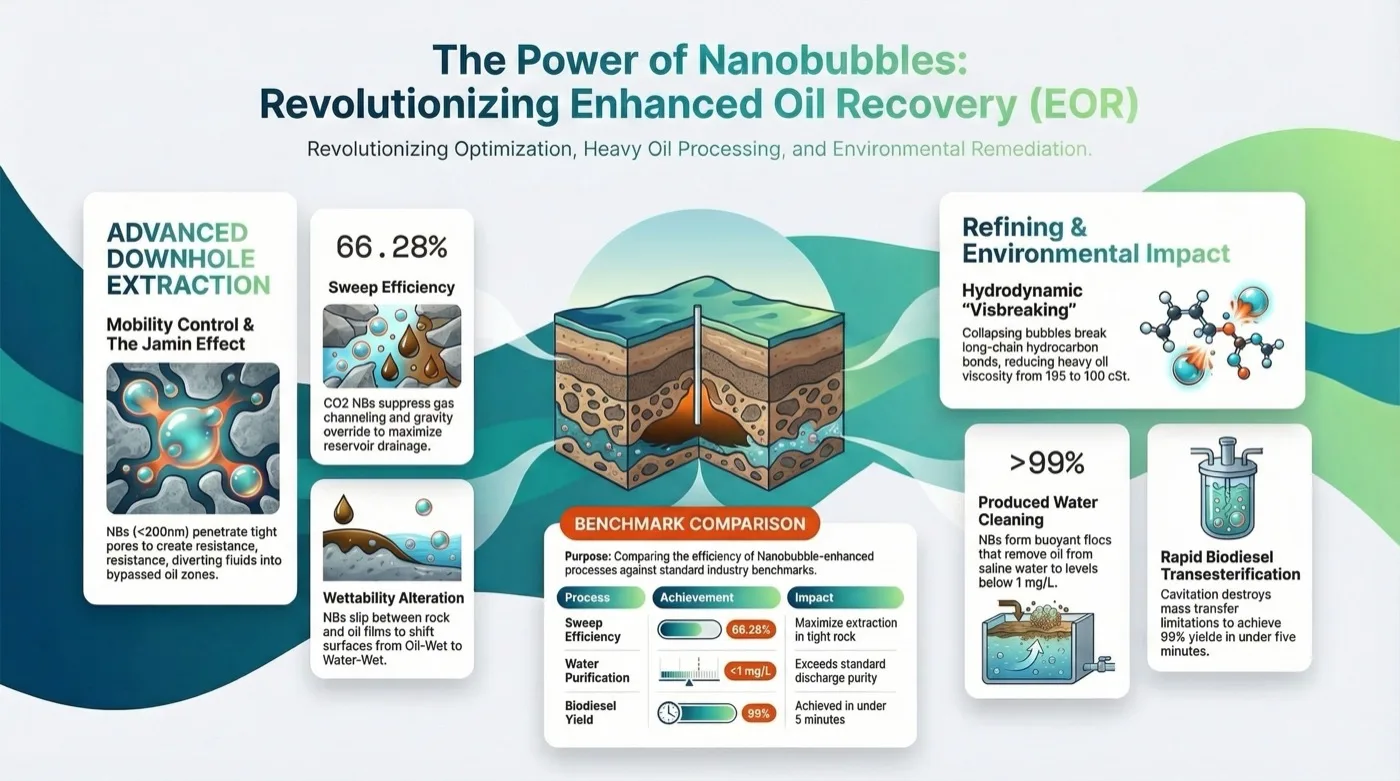 Cutaway of an oil reservoir with an injection well, surrounded by panels on pore-scale mobility control, wettability change, cavitation upgrading of heavy oil, produced-water treatment and biodiesel, with a comparison table.
