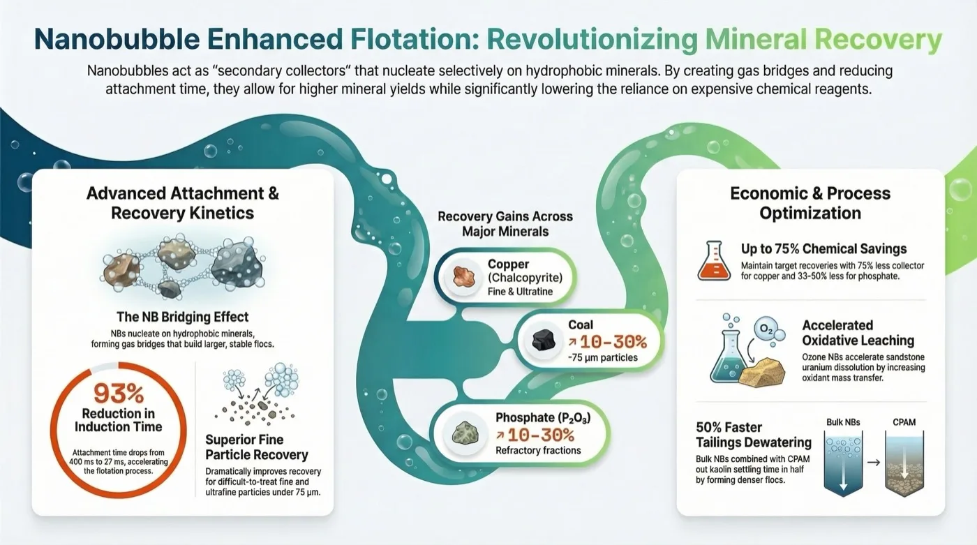 Infographic showing mineral particles bridged by nanobubbles, a dial for induction time, recovery panels for copper, coal and phosphate, and panels on collector use, oxidative leaching and tailings settling.