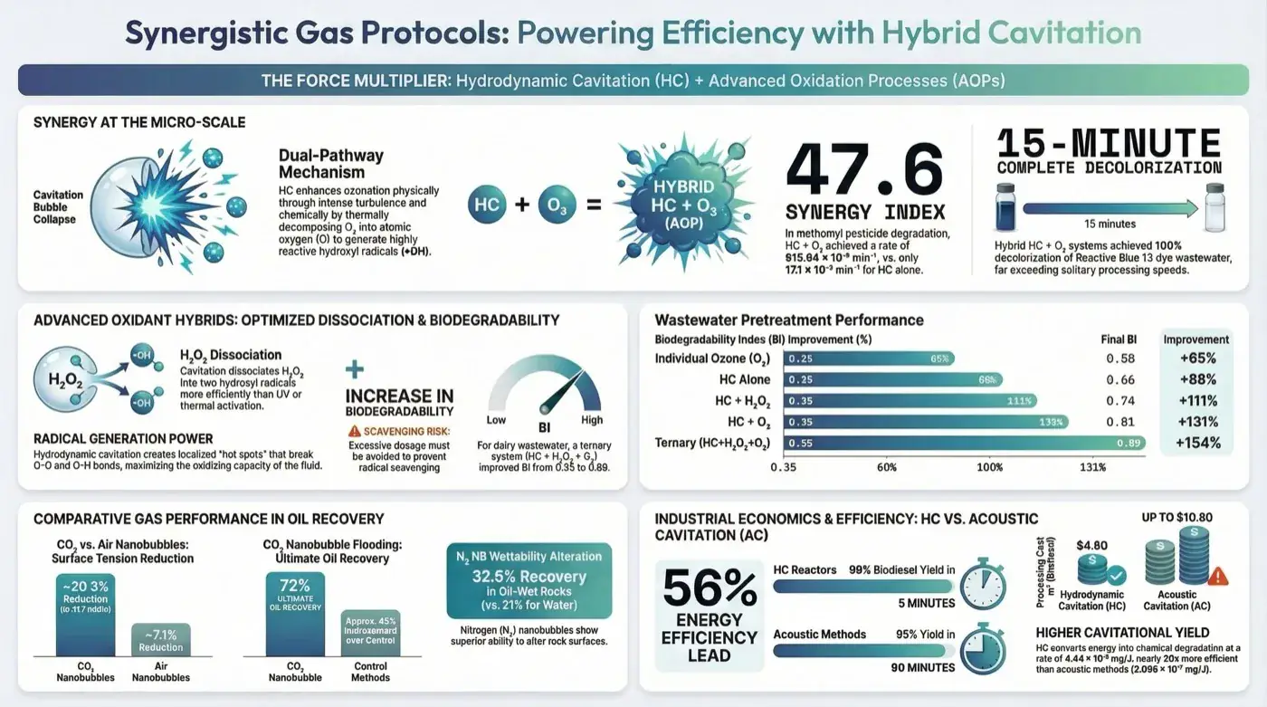 Infographic in four panels covering the hybrid cavitation and ozone mechanism, oxidant hybrids and biodegradability, gas comparisons in oil recovery, and the economics of hydrodynamic versus acoustic cavitation.
