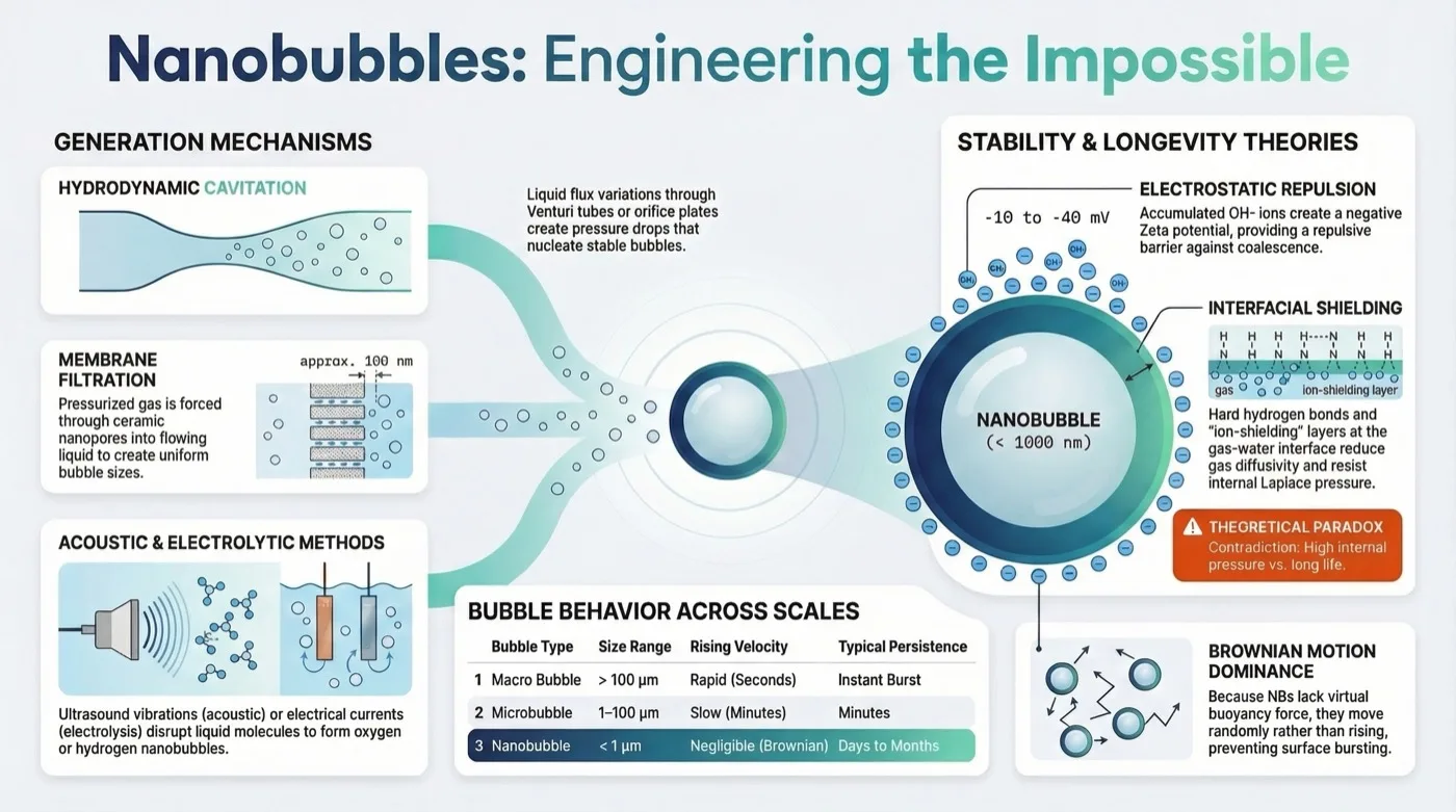 Infographic linking three generation routes (a Venturi constriction, a ceramic membrane, and acoustic and electrolytic cells) to a central nanobubble, with the surface-charge and interfacial-layer stability models and a table comparing the size, rise and persistence of macrobubbles, microbubbles and nanobubbles.
