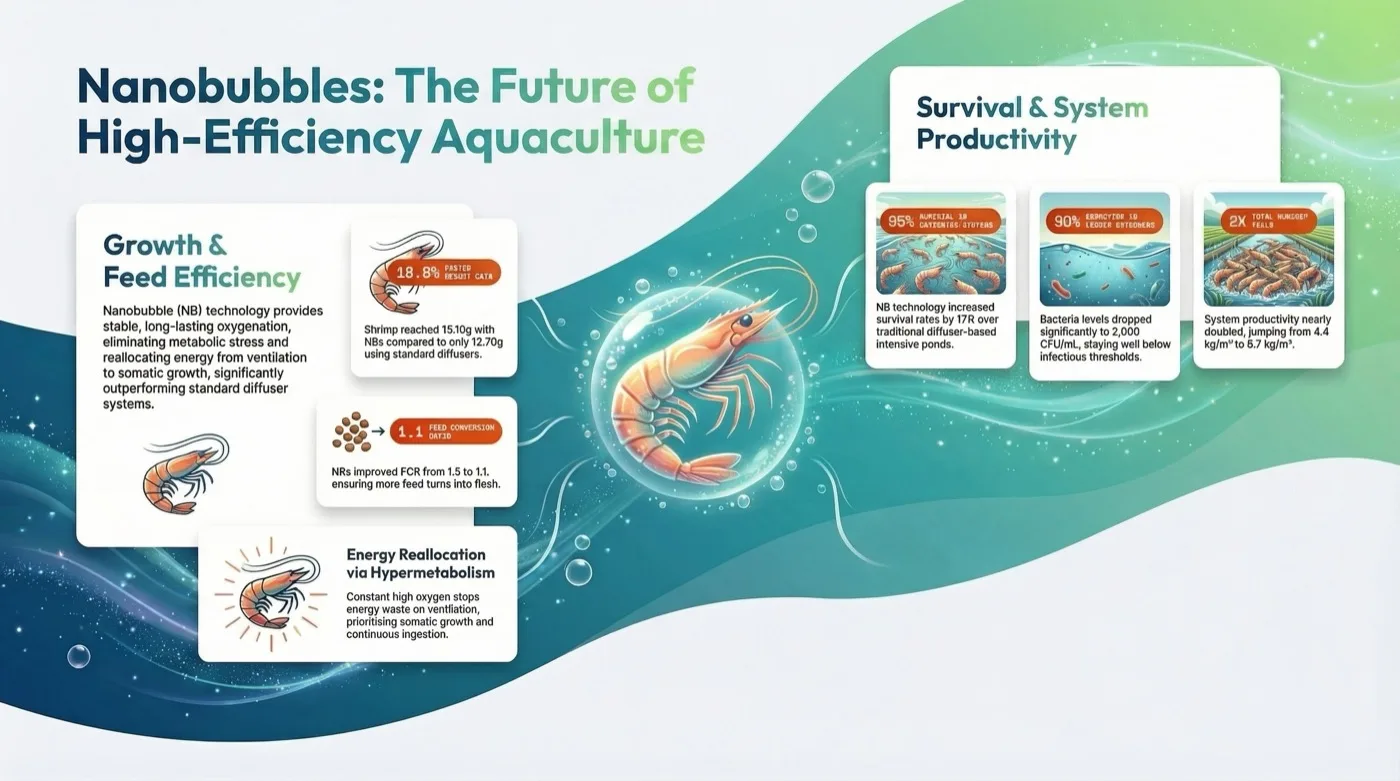 Infographic with a shrimp inside a bubble at the center, panels on growth, feed conversion and energy use on the left, and three panels on survival, bacteria and productivity on the right.