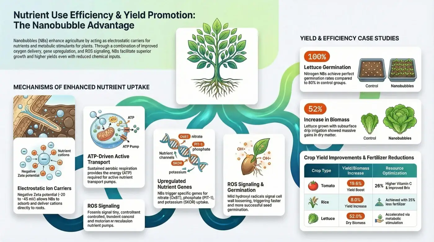 Infographic of four proposed nutrient-uptake mechanisms for nanobubbles (ion carriers, energy for active transport, gene expression, germination signaling) beside panels of germination and yield results by crop.