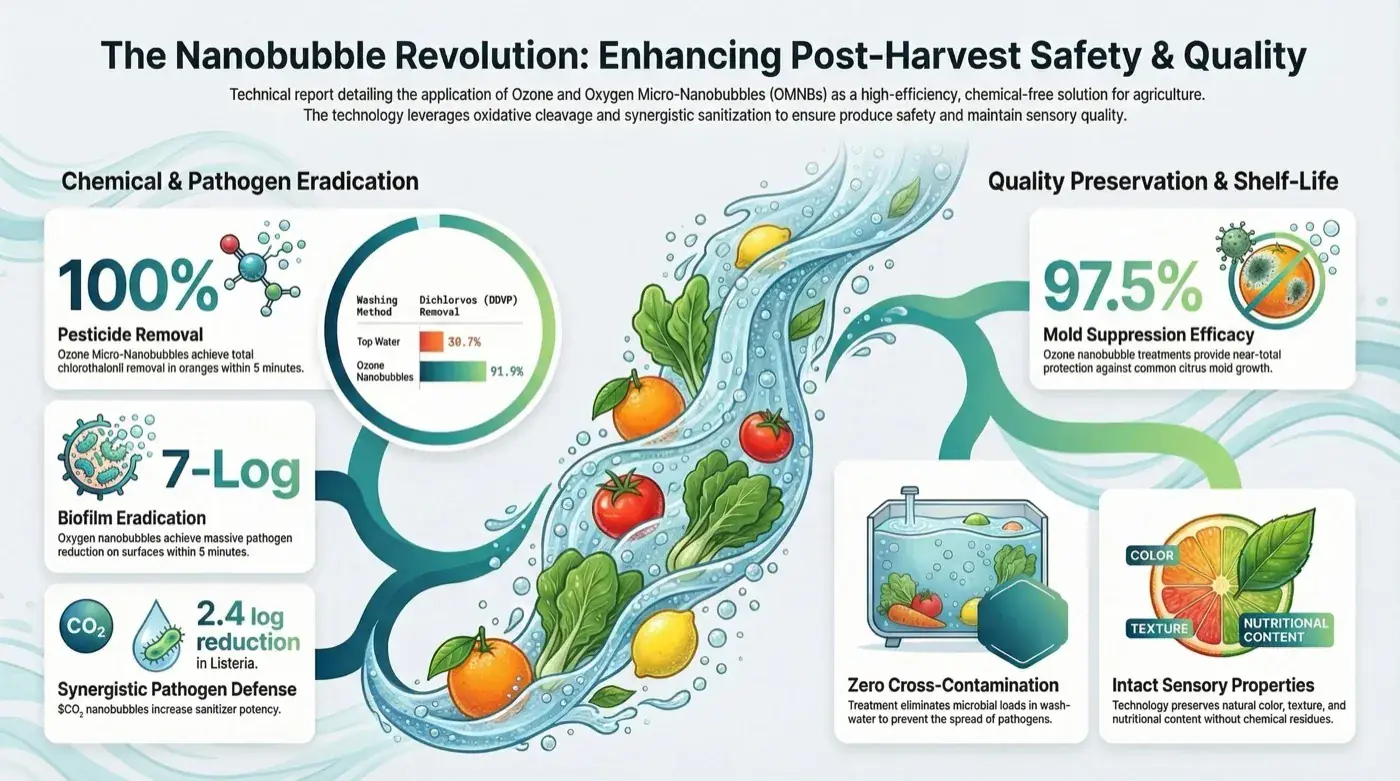 Infographic of fruit and vegetables carried in a stream of bubble-laden wash water, with panels on pesticide residue, biofilm and pathogen results on the left and mold, wash water and produce quality on the right.