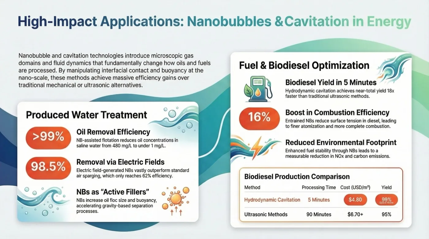 Two panels, one on produced-water treatment and one on fuel and biodiesel processing, with headline percentages and a table comparing hydrodynamic cavitation and ultrasonic methods for biodiesel.