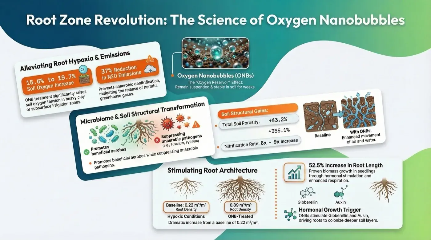 Infographic comparing a hypoxic root zone with one irrigated with oxygen nanobubble water, in panels on soil oxygen and emissions, soil microbes and structure, and root architecture.