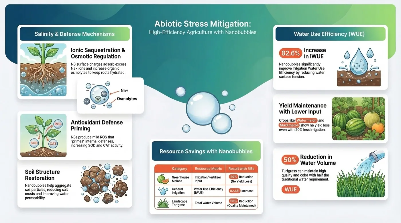 Infographic of proposed nanobubble effects on stressed crops, with panels on salinity, antioxidant defenses and soil structure on the left and water use efficiency results for melons and turfgrass on the right.