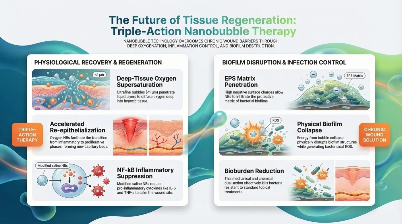 Two panels of skin and biofilm illustrations: on the left, oxygen nanobubbles entering wound tissue, new skin and capillaries, and inflammatory signaling; on the right, bubbles entering a bacterial biofilm and breaking it apart.