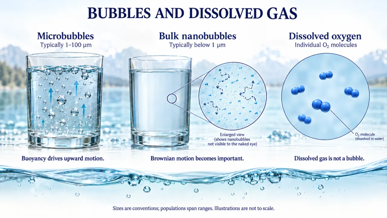 Microbubbles rising in a glass, a magnified bulk-nanobubble suspension with Brownian motion, and separate dissolved oxygen molecules.