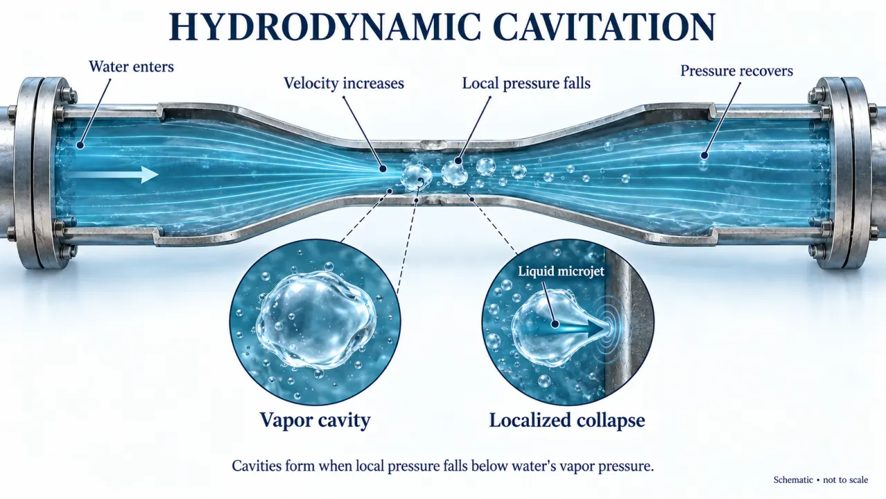 A Venturi cutaway showing faster flow at the throat, reduced local pressure, vapor cavities and localized collapse.