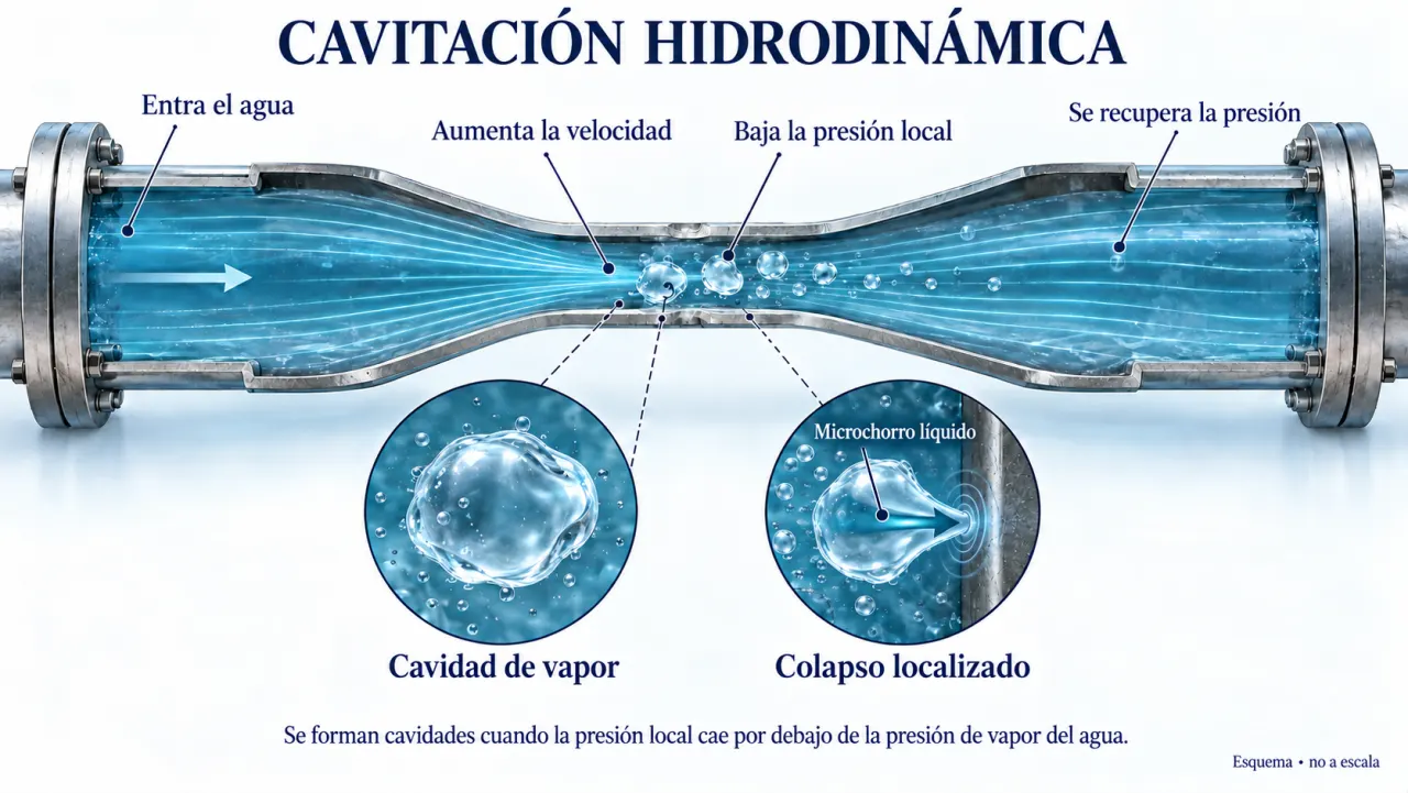 Corte de un Venturi con flujo acelerado en la garganta, baja presión local, cavidades de vapor y colapso localizado.