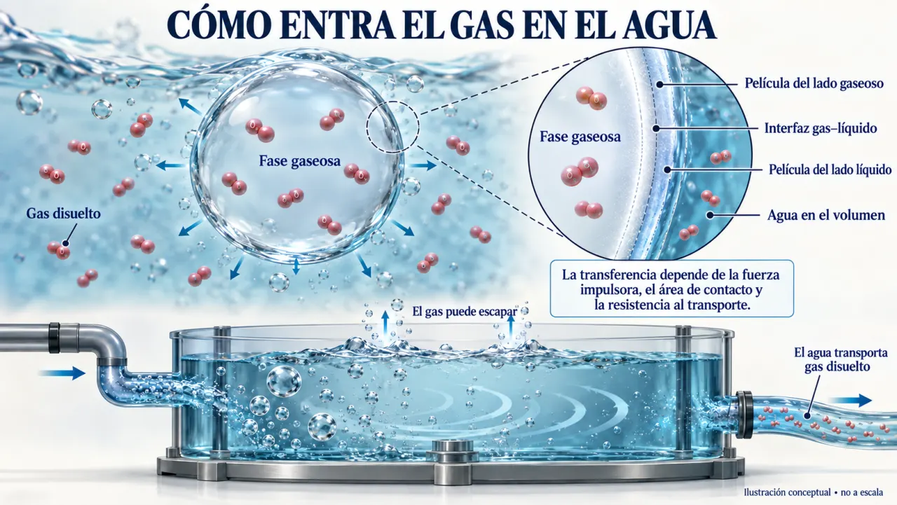 Burbuja de gas e interfaz gas-líquido ampliada, con moléculas que entran al agua, escape de gas y transporte en un tanque.