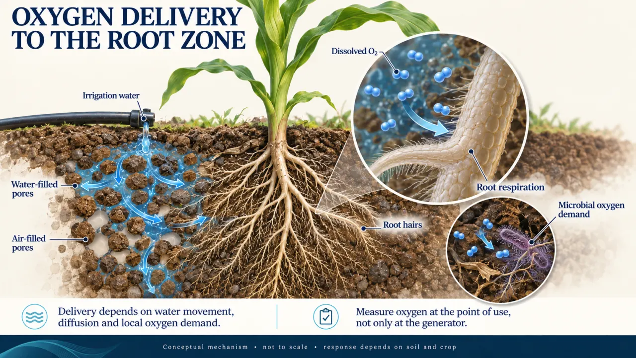 Soil cross-section with irrigation flow, air- and water-filled pores, root hairs and dissolved oxygen reaching roots and microbes.