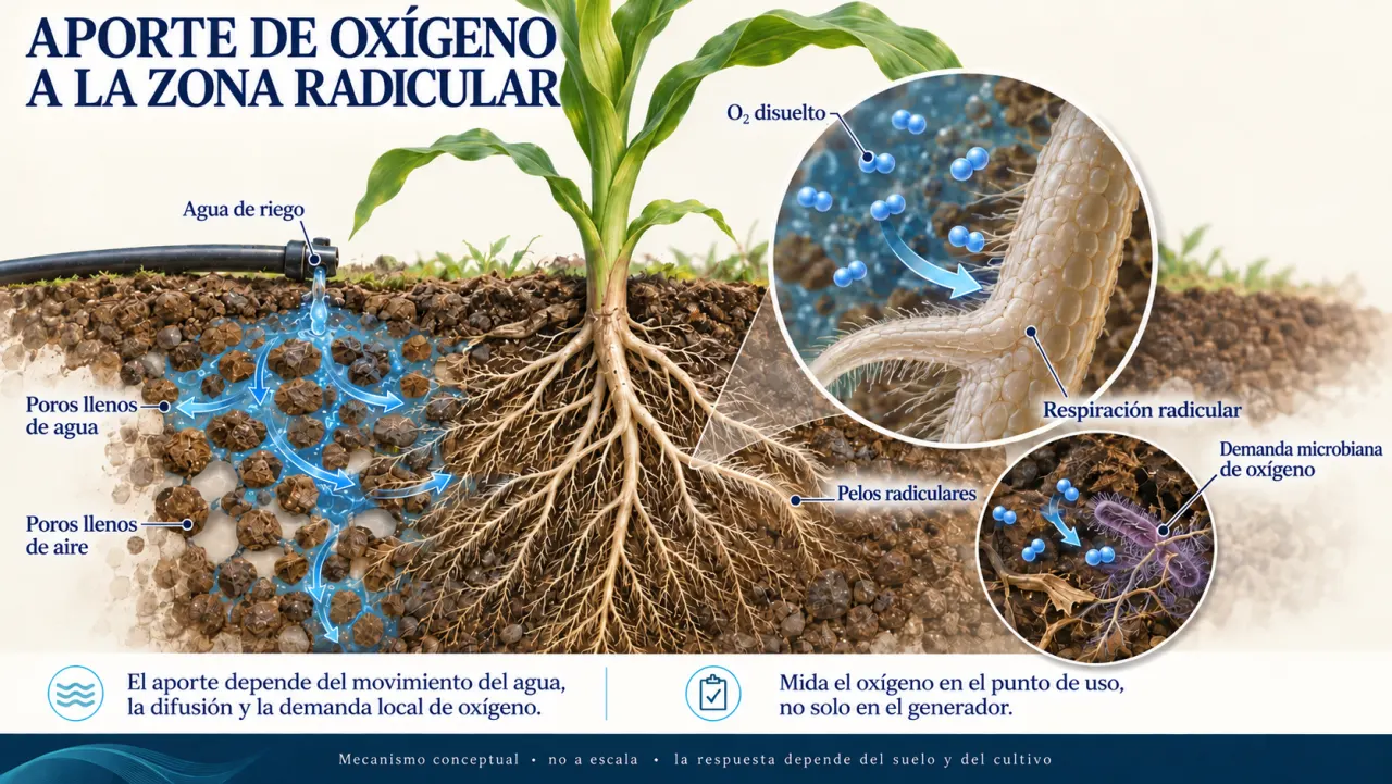 Corte de suelo con flujo de riego, poros llenos de aire y agua, pelos radiculares y oxígeno disuelto que llega a raíces y microorganismos.